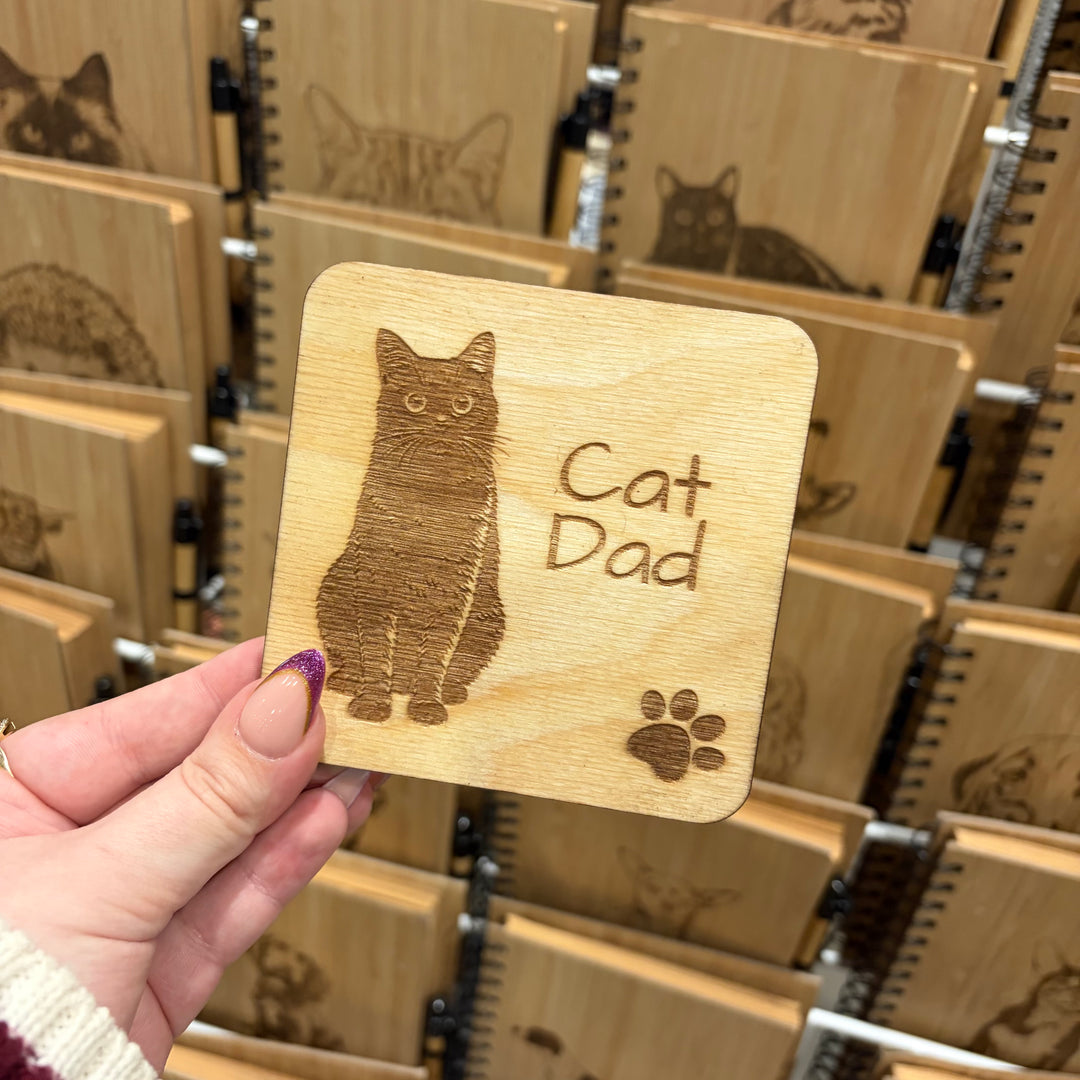 Cat Dad Illustration Engraved Wooden Coaster