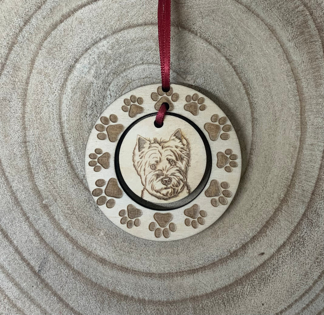 Personalised West Highland Terrier Westie Face Illustration Hanging Decoration ~ Paw Wreath