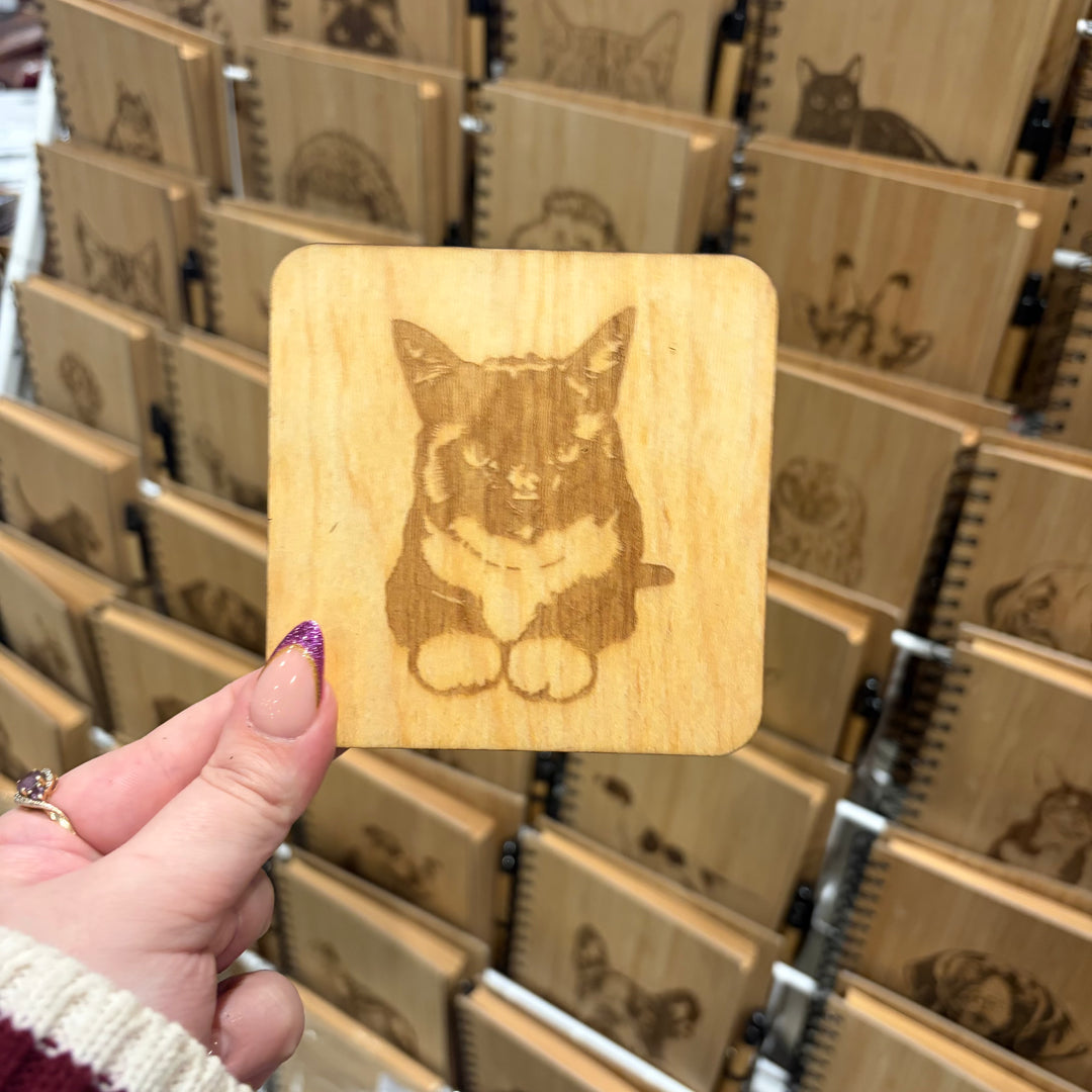 Black and White Tuxedo Cat LD Illustration Engraved Wooden Coaster