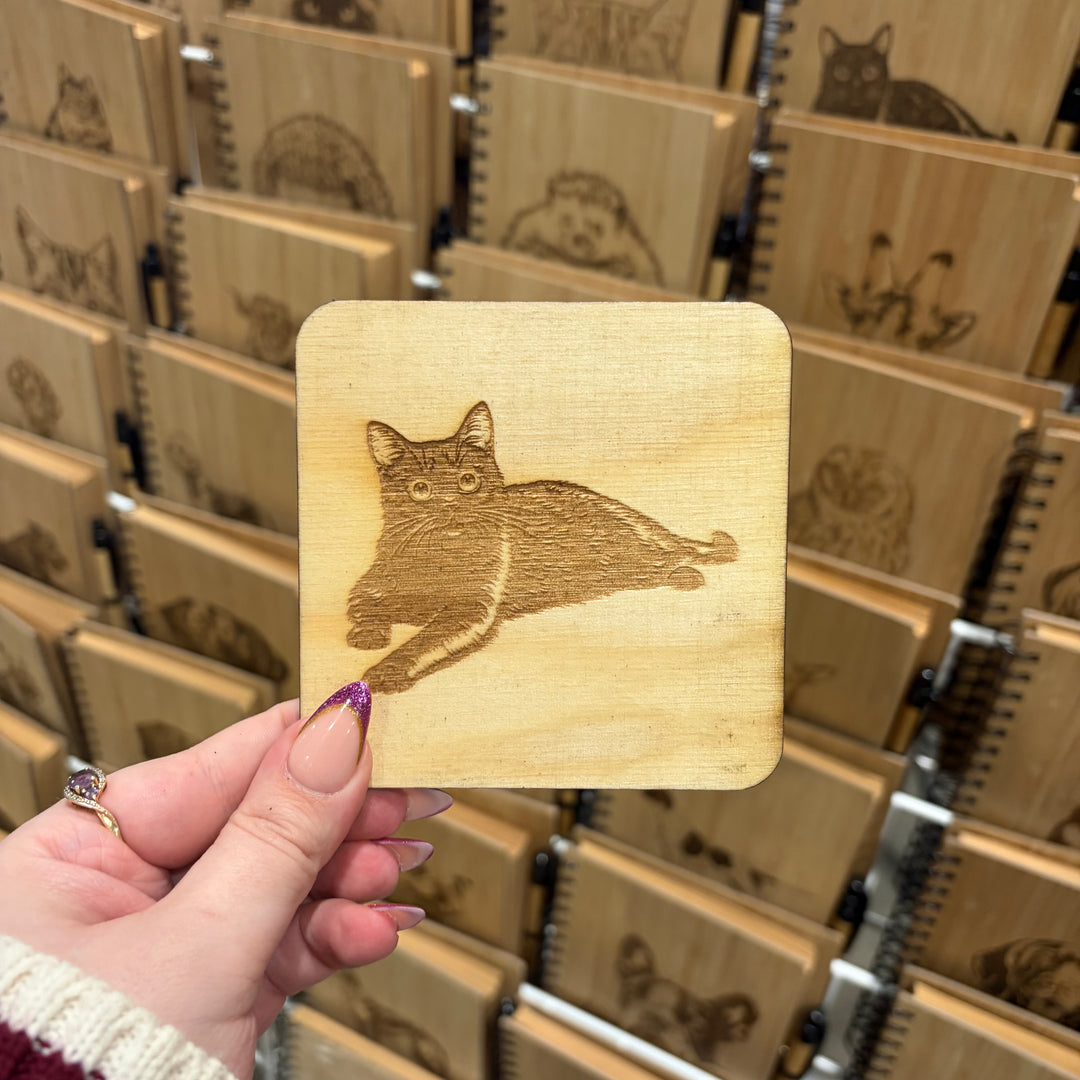 Black Cat Lying Down Illustration Engraved Wooden Coaster