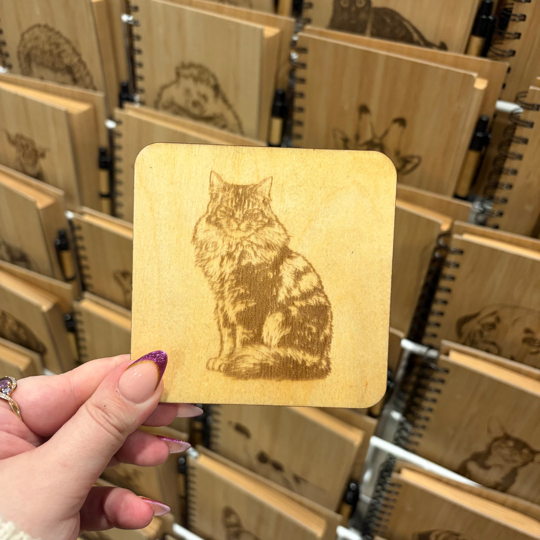 Sitting Longhair Tabby Cat Illustration Engraved Wooden Coaster