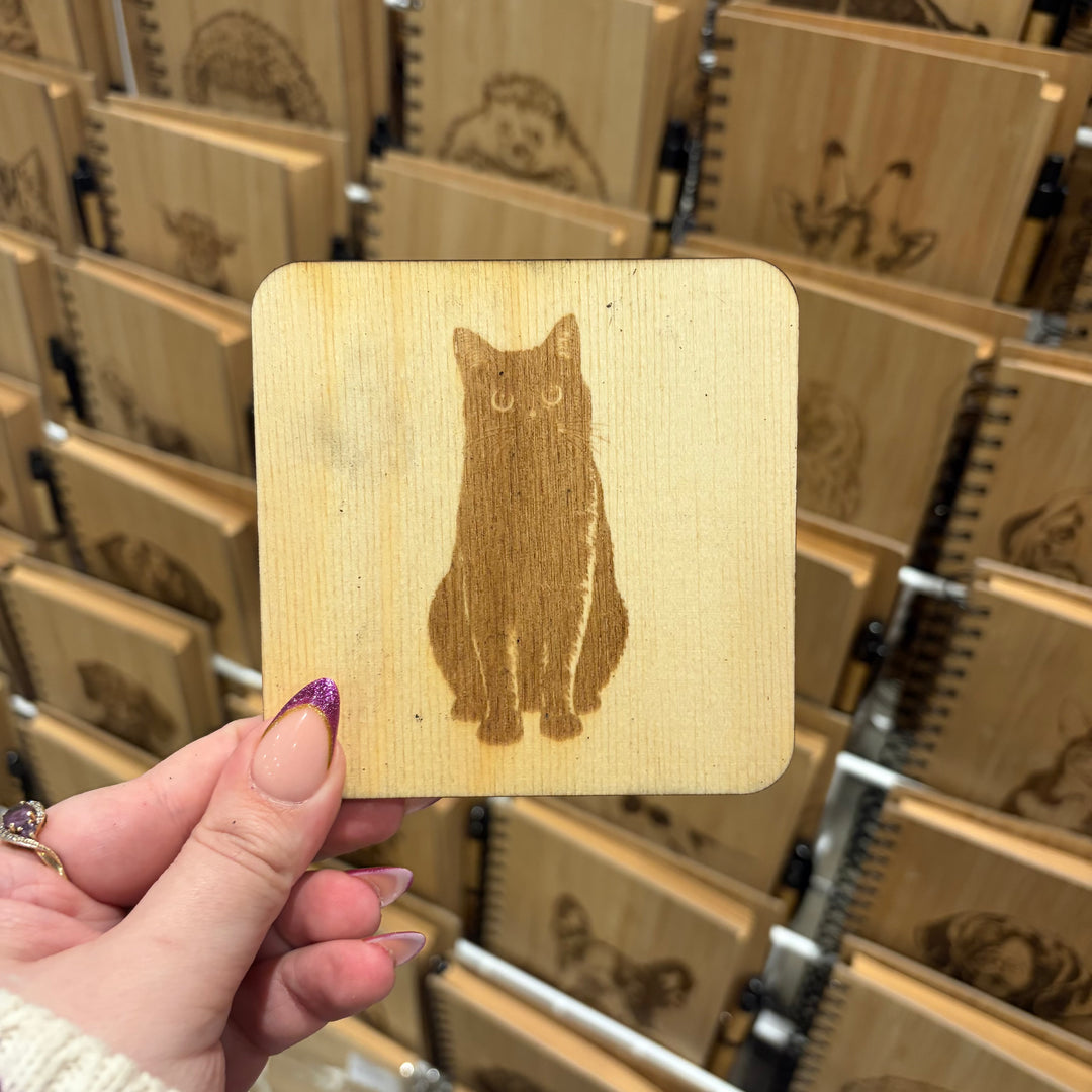 Black Cat Sitting Illustration Engraved Wooden Coaster