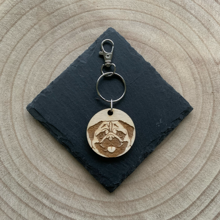 Pug Dog Engraved Wooden Keyring