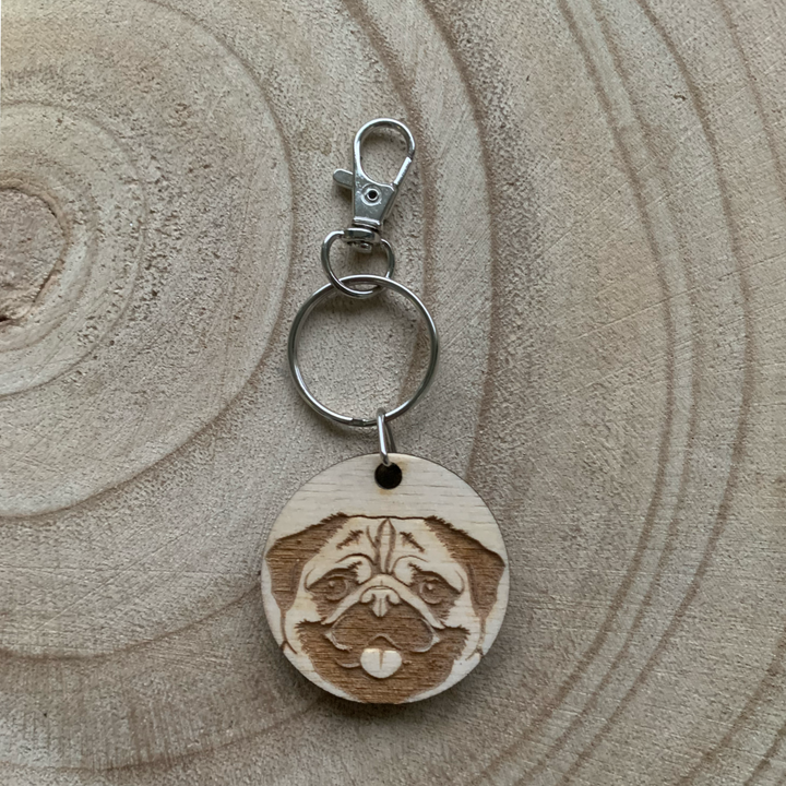 Pug Dog Engraved Wooden Keyring