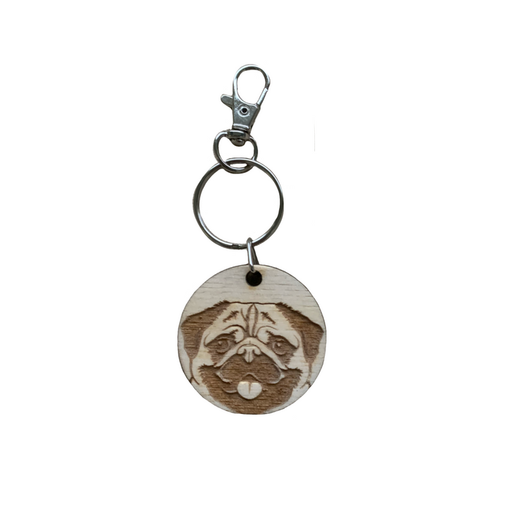 Pug Dog Engraved Wooden Keyring