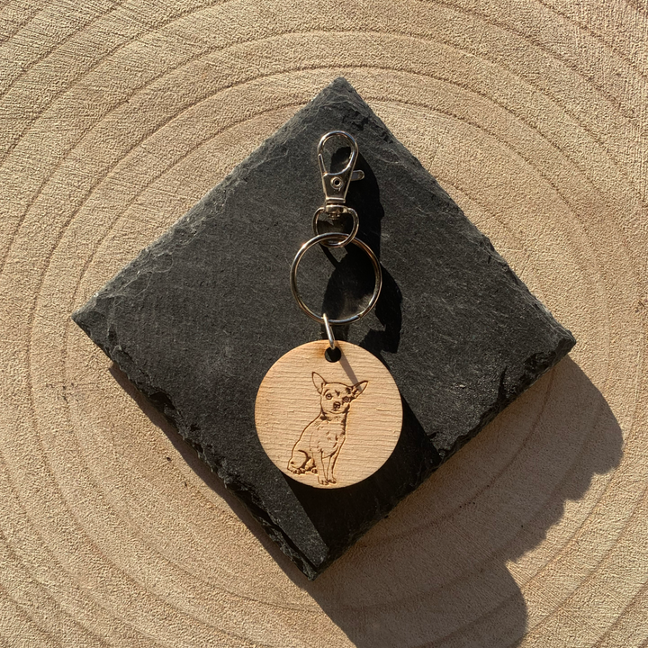 White Chihuahua Engraved Wooden Keyring
