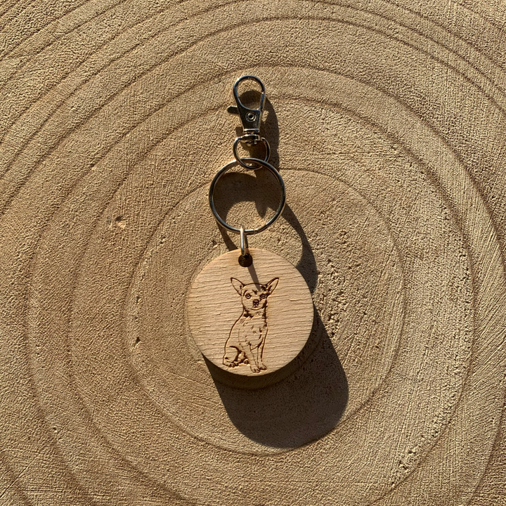 White Chihuahua Engraved Wooden Keyring