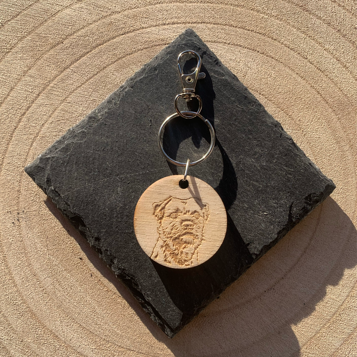 Border Terrier Face Dog Engraved Wooden Keyring
