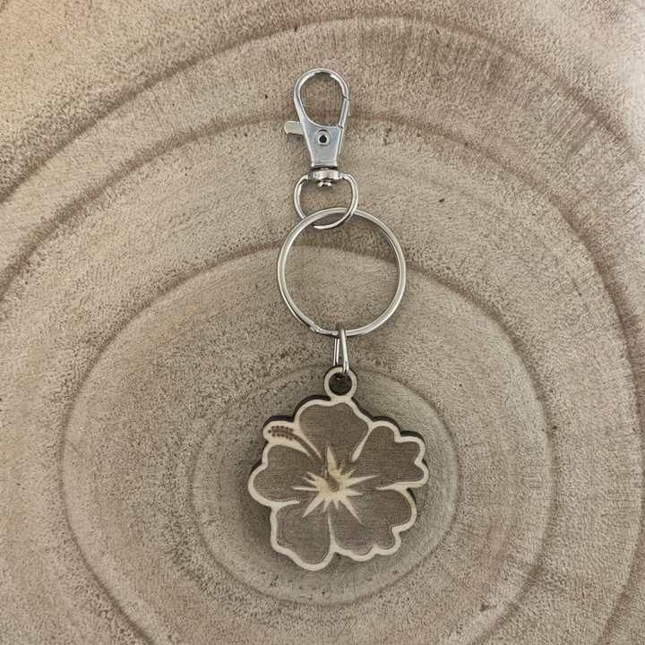 Hibiscus Flower Engraved Wooden Keyring