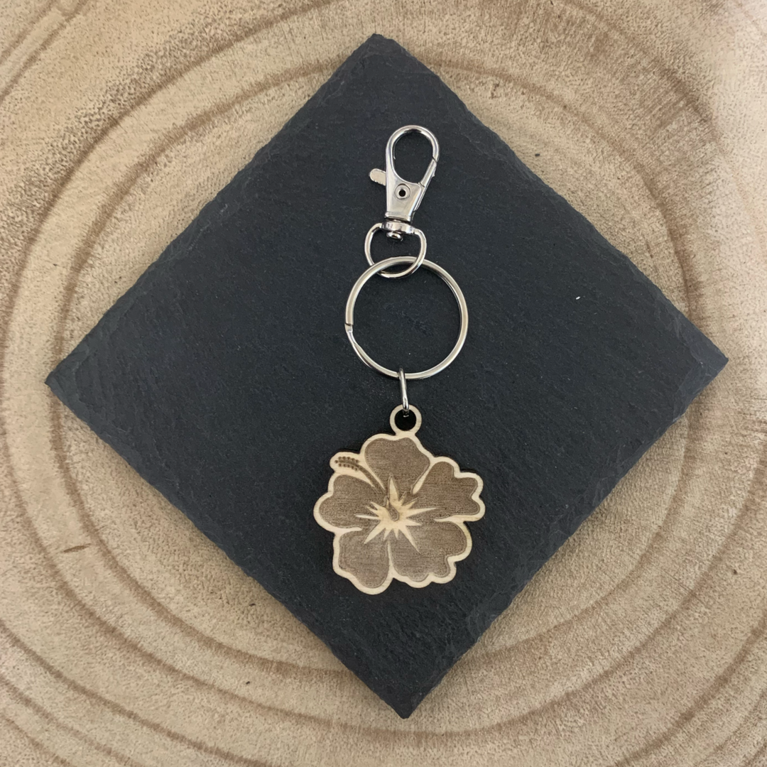 Hibiscus Flower Engraved Wooden Keyring