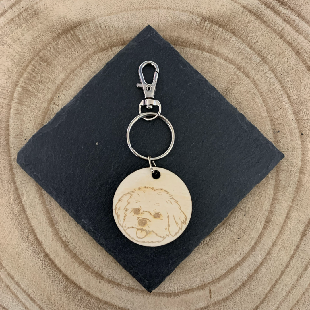 Maltese Face Dog Engraved Wooden Keyring