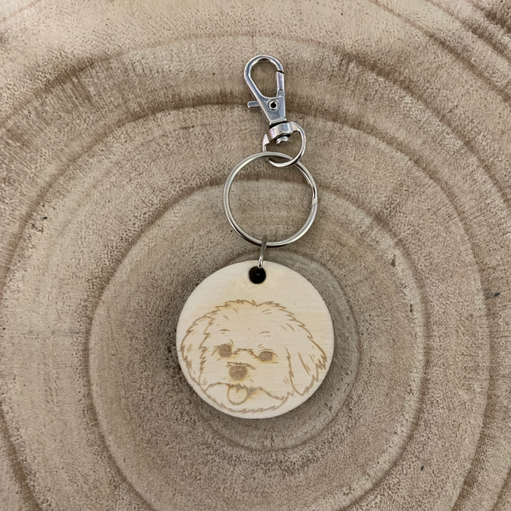 Maltese Face Dog Engraved Wooden Keyring