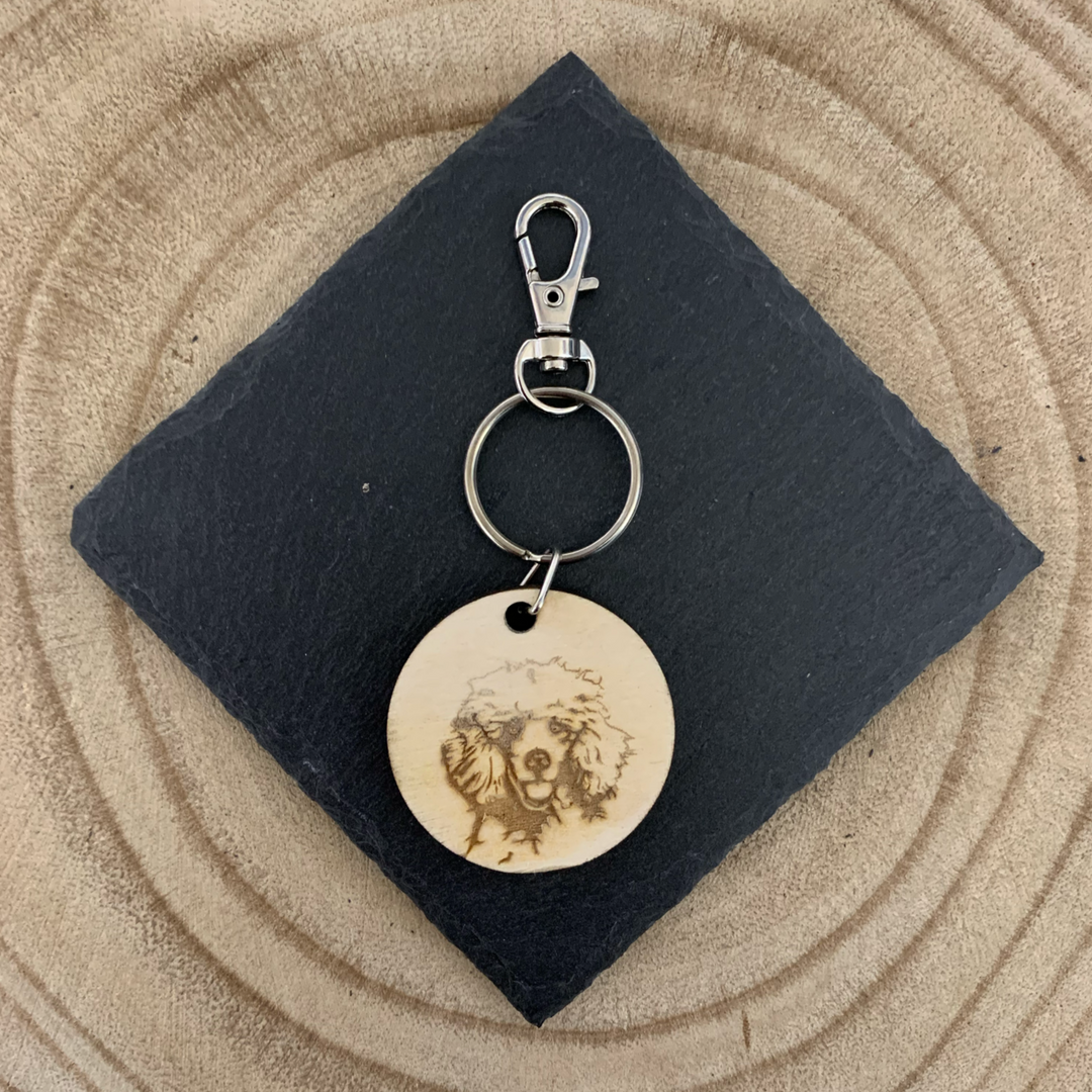 Poodle Face Dog Engraved Wooden Keyring