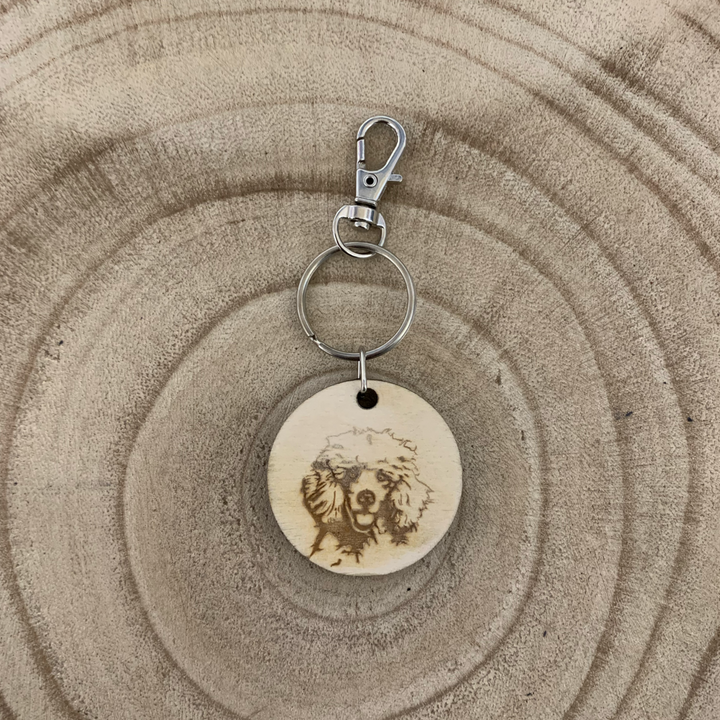 Poodle Face Dog Engraved Wooden Keyring