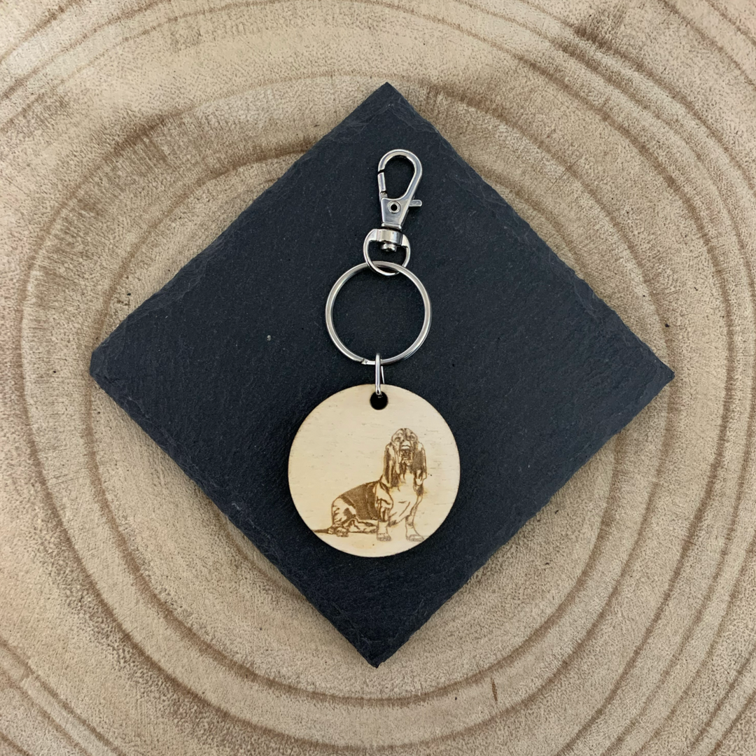 Basset Hound Dog Engraved Wooden Keyring