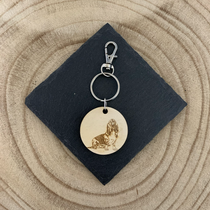 Basset Hound Dog Engraved Wooden Keyring