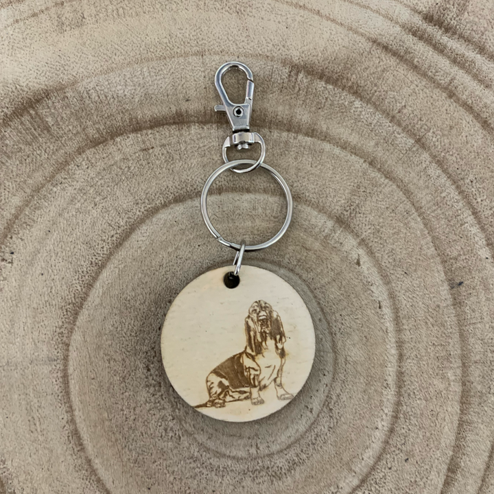 Basset Hound Dog Engraved Wooden Keyring