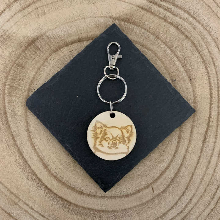 Longhair Chihuahua Dog Engraved Wooden Keyring