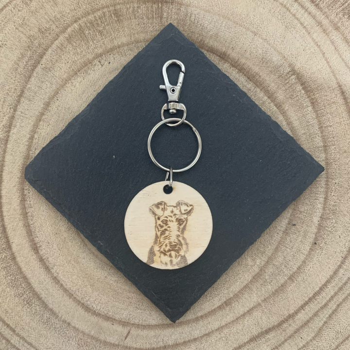 Wire Fox Terrier Face Dog Engraved Wooden Keyring