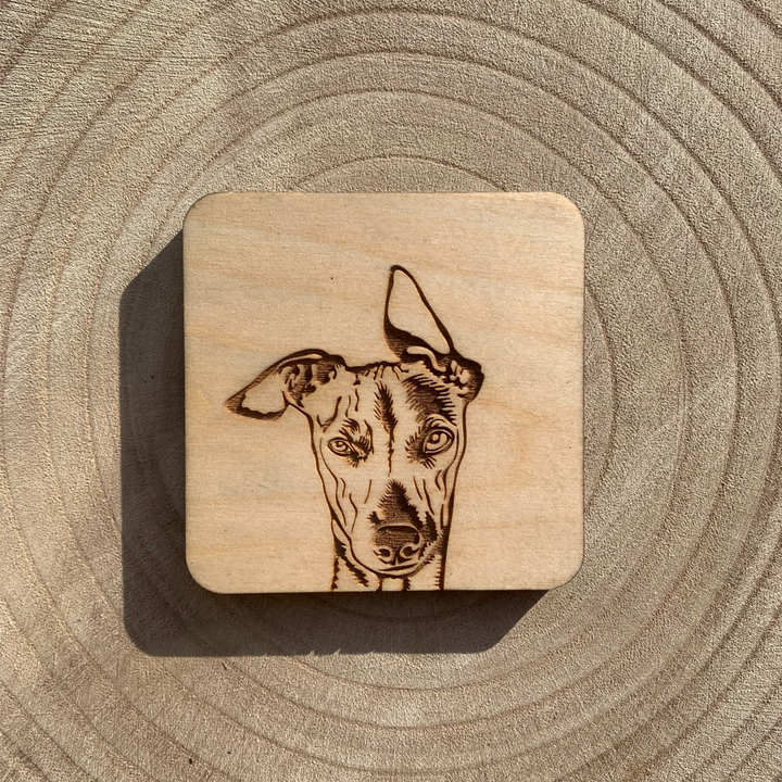 Whippet Face Illustration Engraved Wooden Coaster