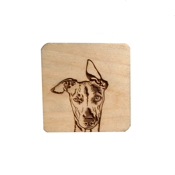 Whippet Face Illustration Engraved Wooden Coaster