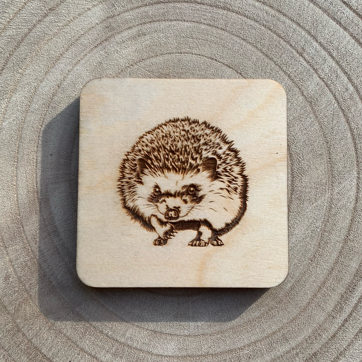 Hedgehog Illustration Engraved Wooden Coaster