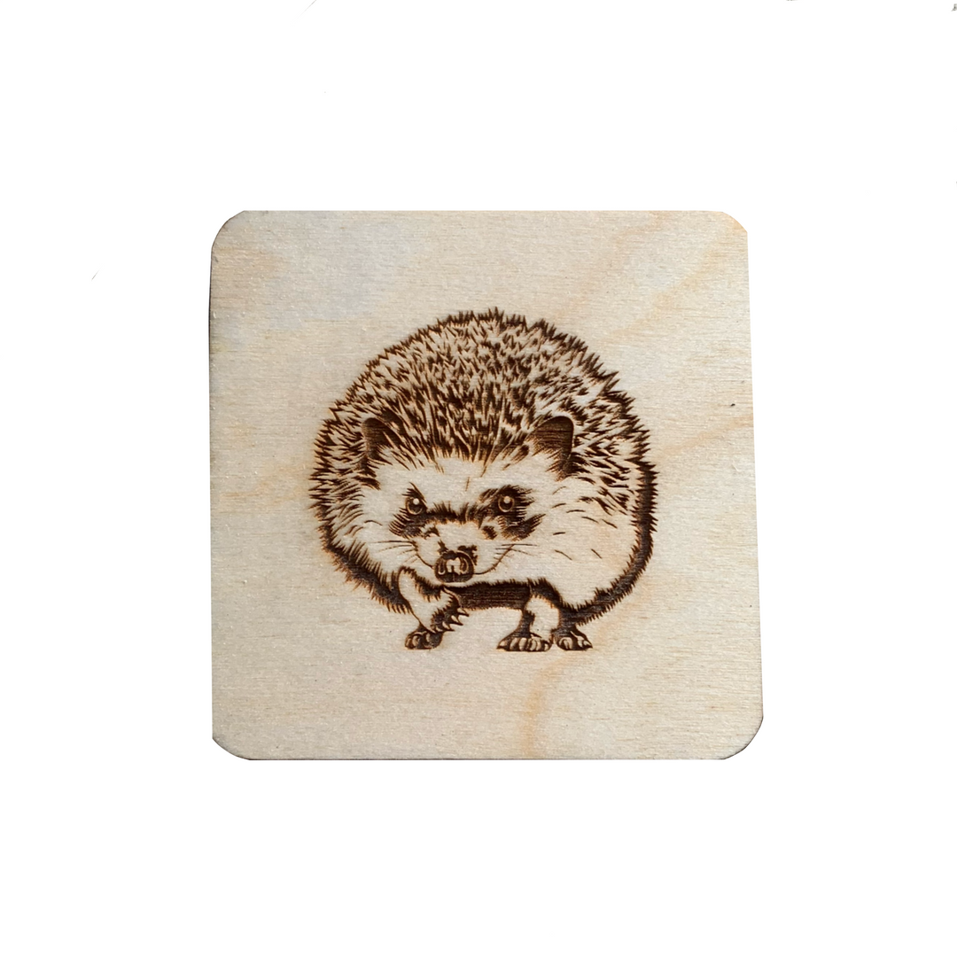 Hedgehog Illustration Engraved Wooden Coaster