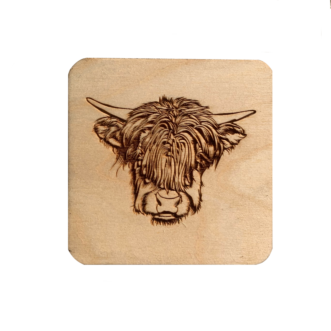 Highland Cow Face Illustration Engraved Wooden Coaster
