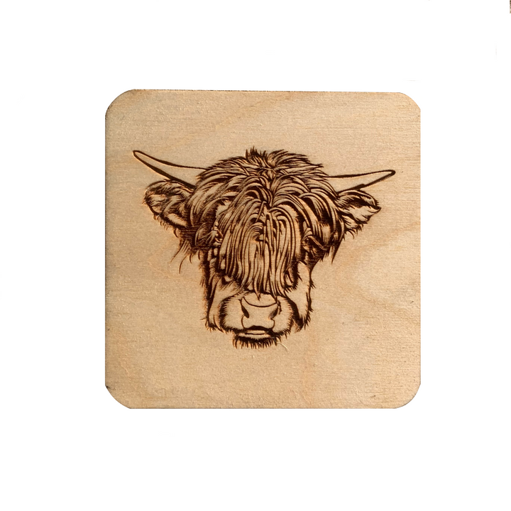 Highland Cow Face Illustration Engraved Wooden Coaster