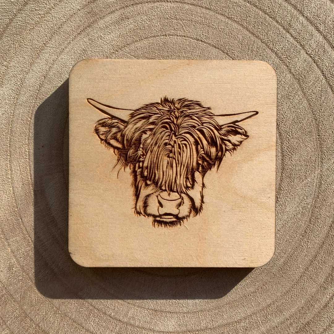 Highland Cow Face Illustration Engraved Wooden Coaster