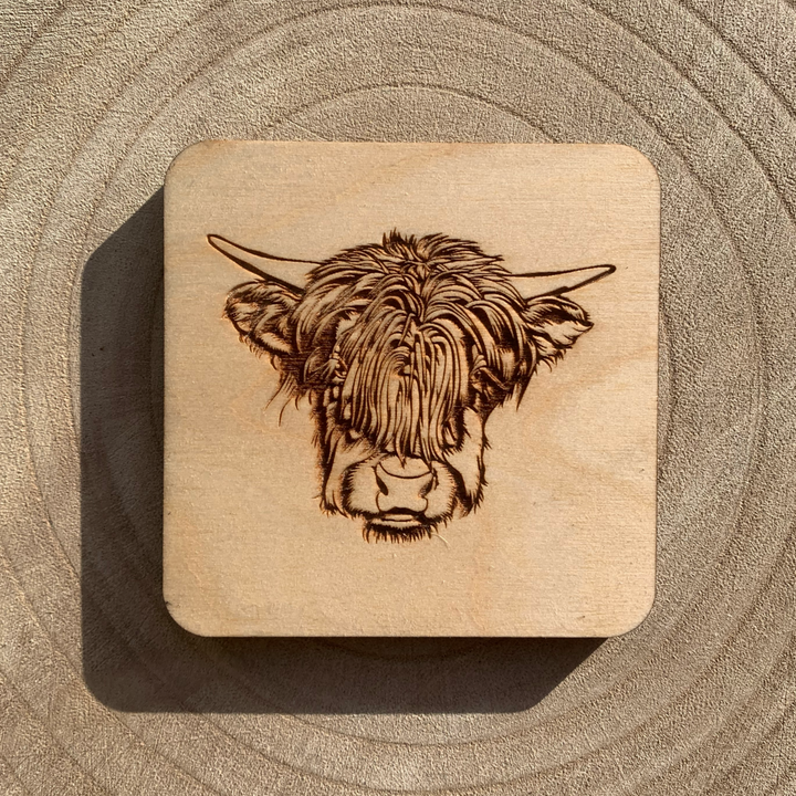 Highland Cow Face Illustration Engraved Wooden Coaster