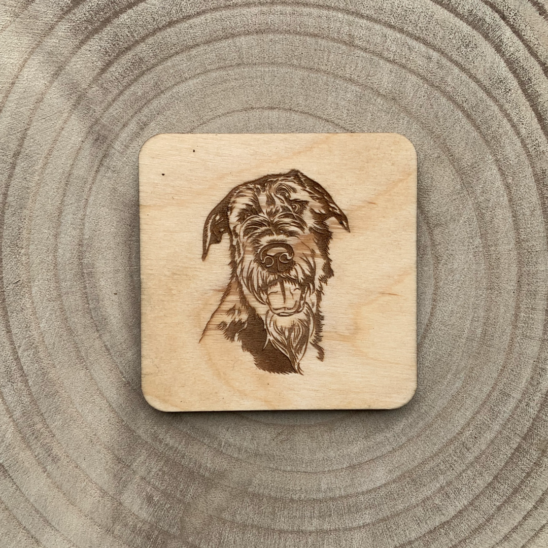 Irish Wolfhound Face Illustration Engraved Wooden Coaster