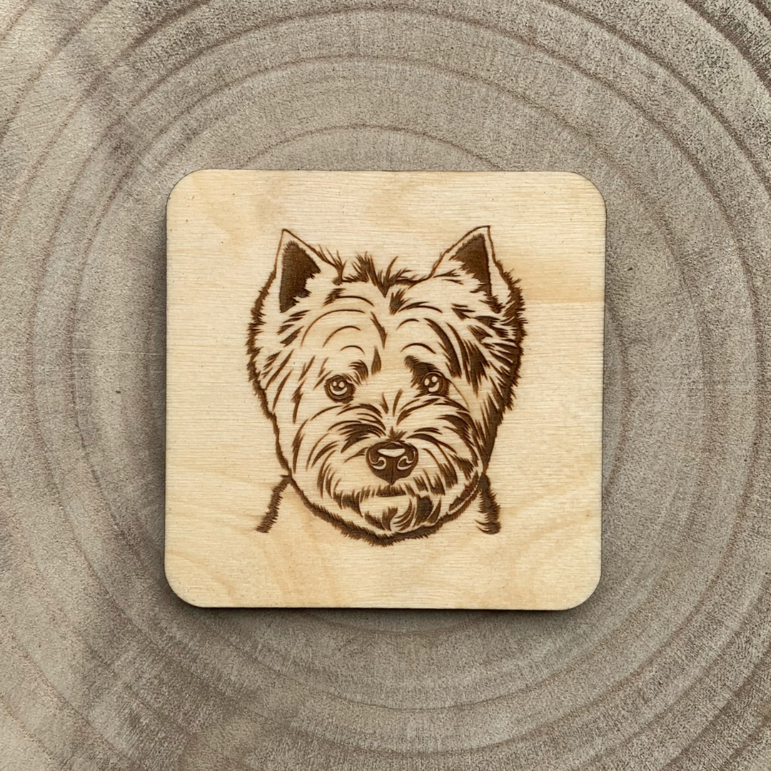Westie Face West Highland Terrier Illustration Engraved Wooden Coaster
