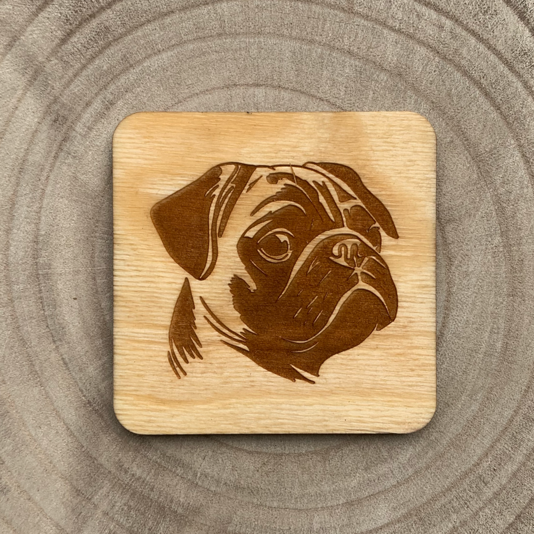 Pug Illustration Engraved Wooden Coaster