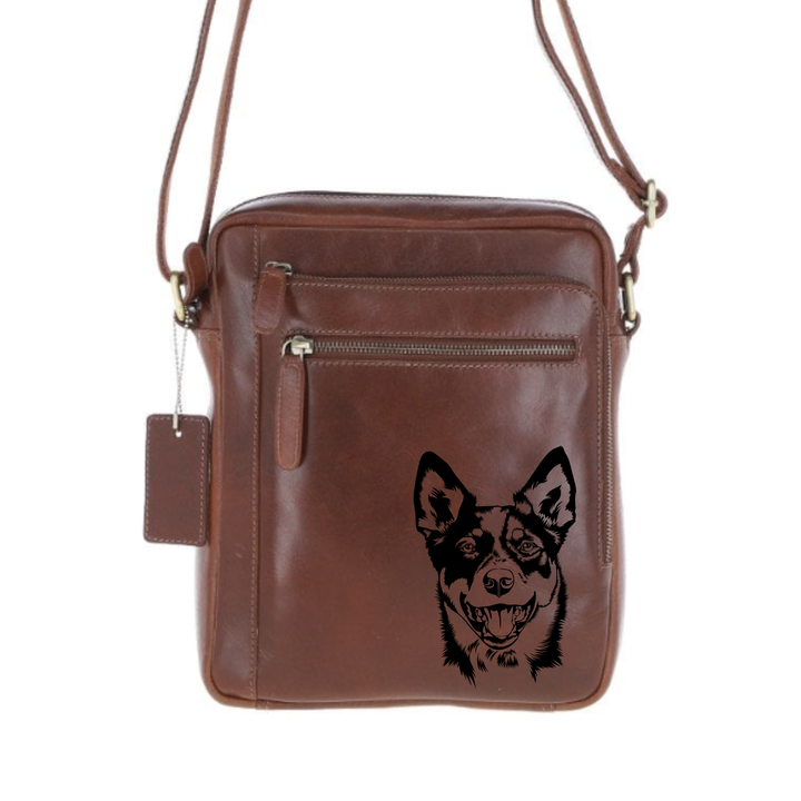 Personalised Australian Cattle Dog Face Engraved Leather Crossbody Bag