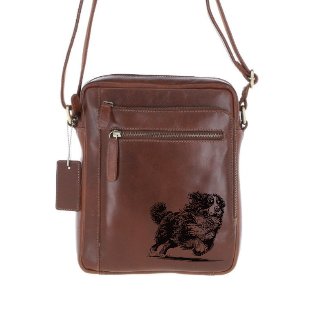 Personalised Bernese Mountain Dog Running Engraved Leather Crossbody Bag