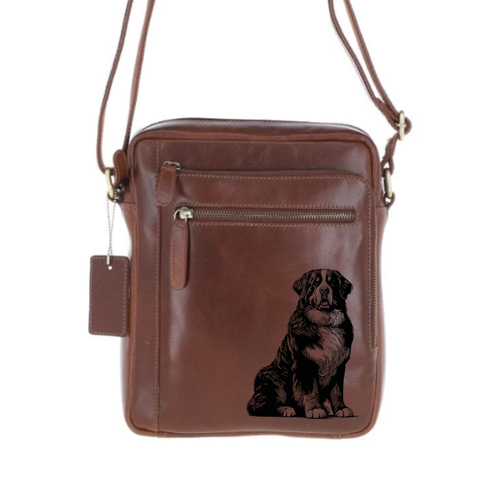 Personalised Bernese Mountain Dog Sitting Engraved Leather Crossbody Bag