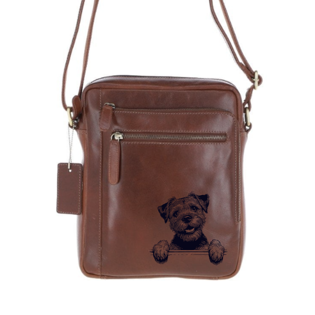 Personalised Border Terrier Paws Engraved Leather Crossbody Bag