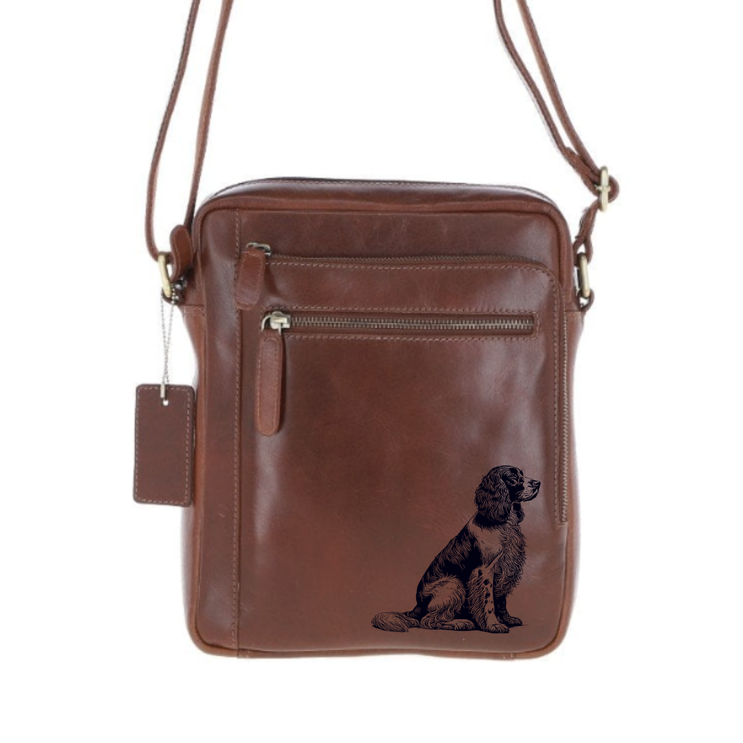 Personalised English Springer Sitting Engraved Leather Crossbody Bag