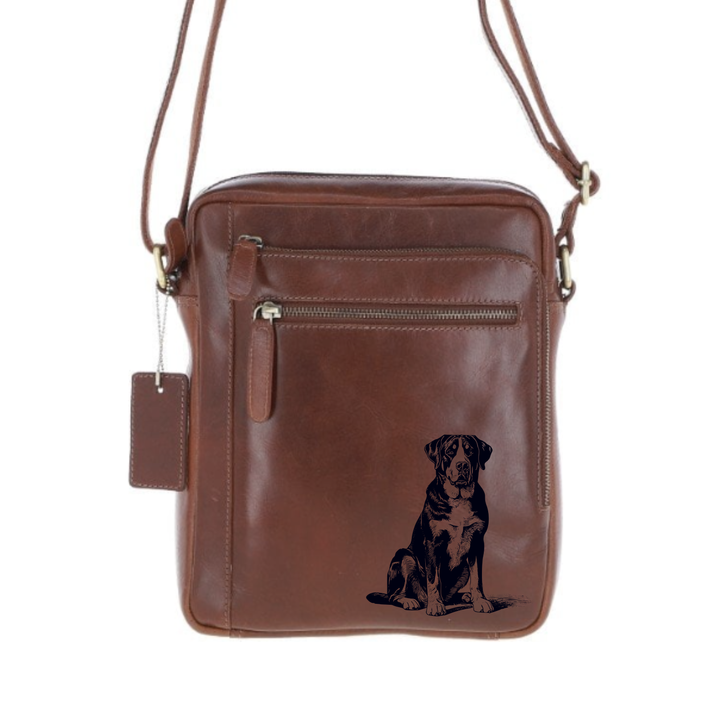 Personalised Great Swiss Mountain Dog Sitting Engraved Leather Crossbody Bag