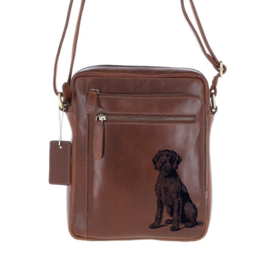 Personalised German Wirehaired Pointer Sitting Engraved Leather Crossbody Bag