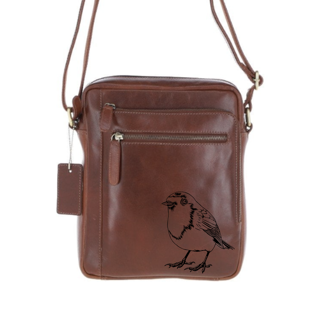 Personalised Robin Engraved Leather Crossbody Bag
