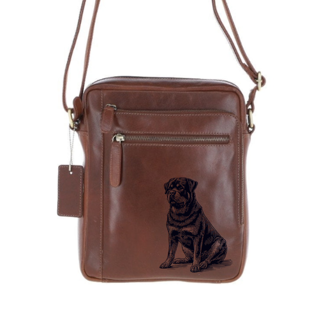 Personalised Rottweiler Sitting Engraved Leather Crossbody Bag
