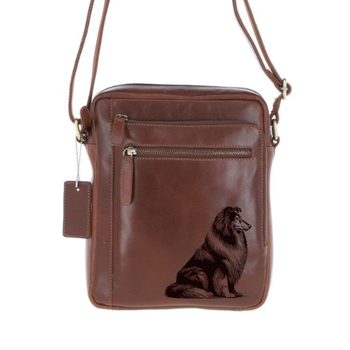 Personalised Rough Collie Sitting Engraved Leather Crossbody Bag