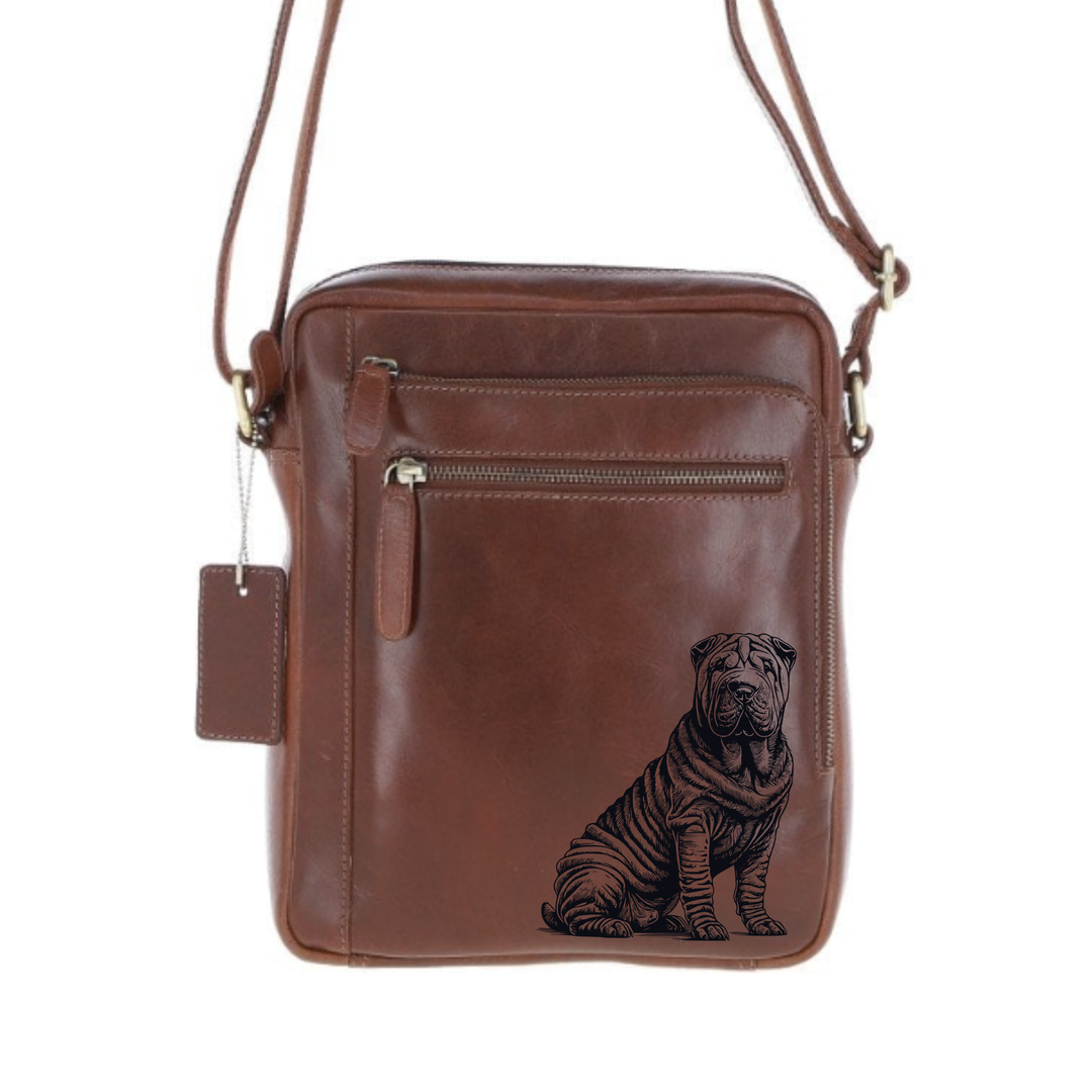 Personalised Shar Pei Sitting Engraved Leather Crossbody Bag