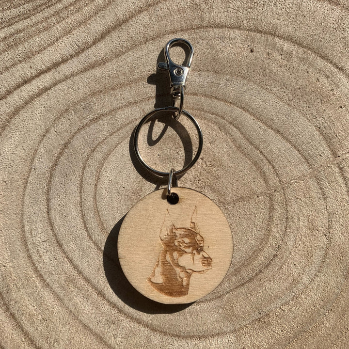 Doberman Face Engraved Wooden Keyring