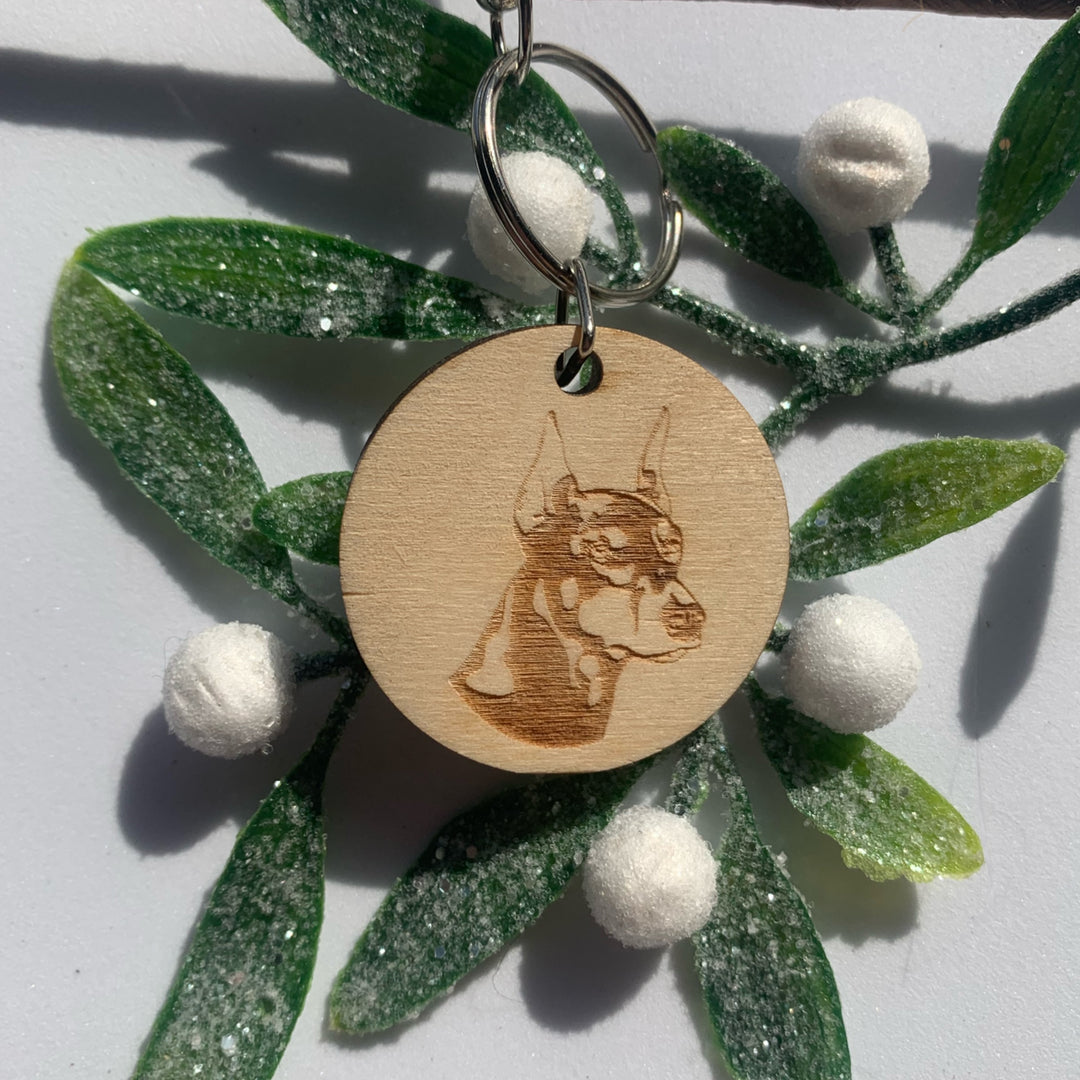 Doberman Face Engraved Wooden Keyring