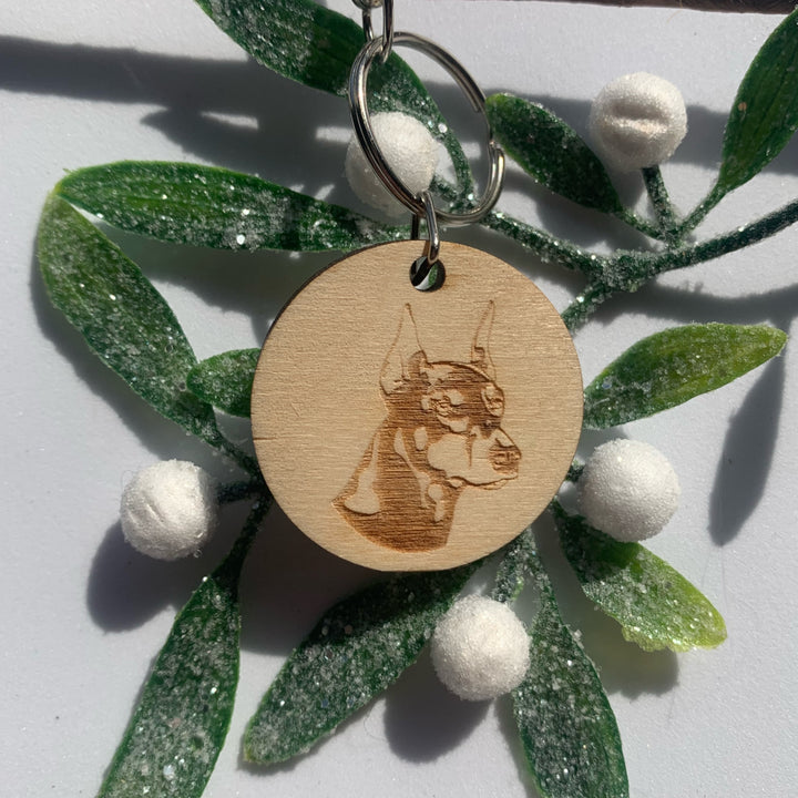 Doberman Face Engraved Wooden Keyring