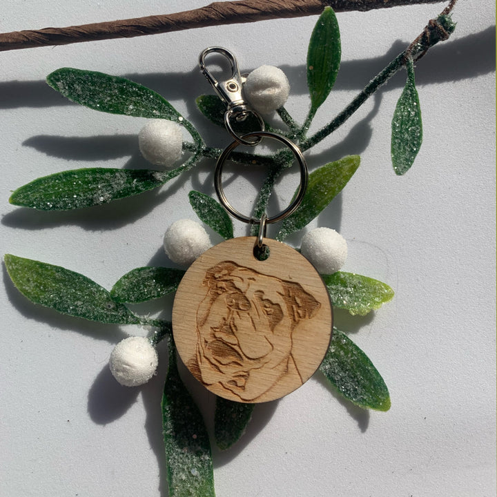 British Bulldog Face Engraved Wooden Keyring