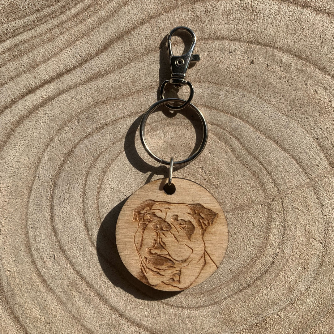 British Bulldog Face Engraved Wooden Keyring